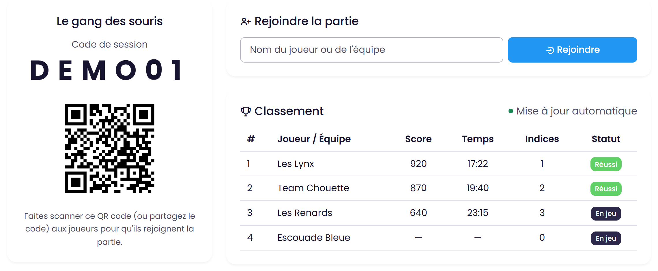 Salon d'attente d'une partie d'équipe, avec son QR code et son classement